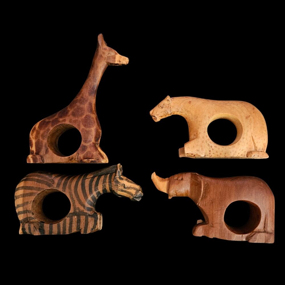 Vintage Hand Carved Wooden Animal Napkin Rings Safari Giraffe Zebra Elephant